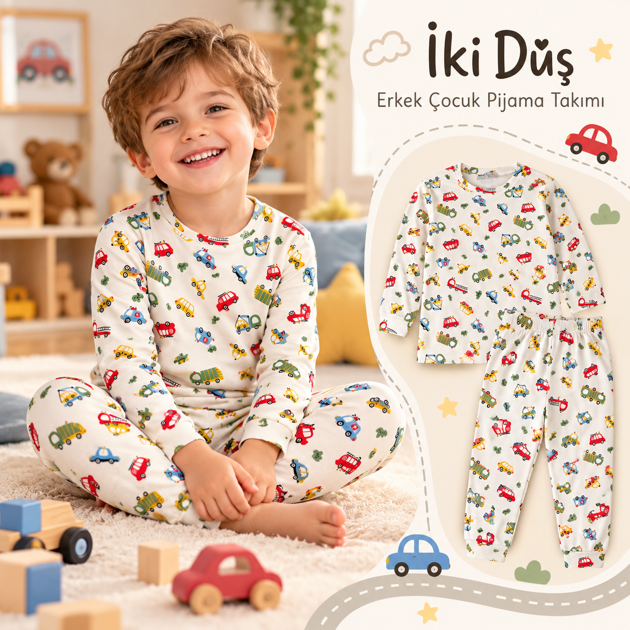 Araba desenli erkek çocuk pijama