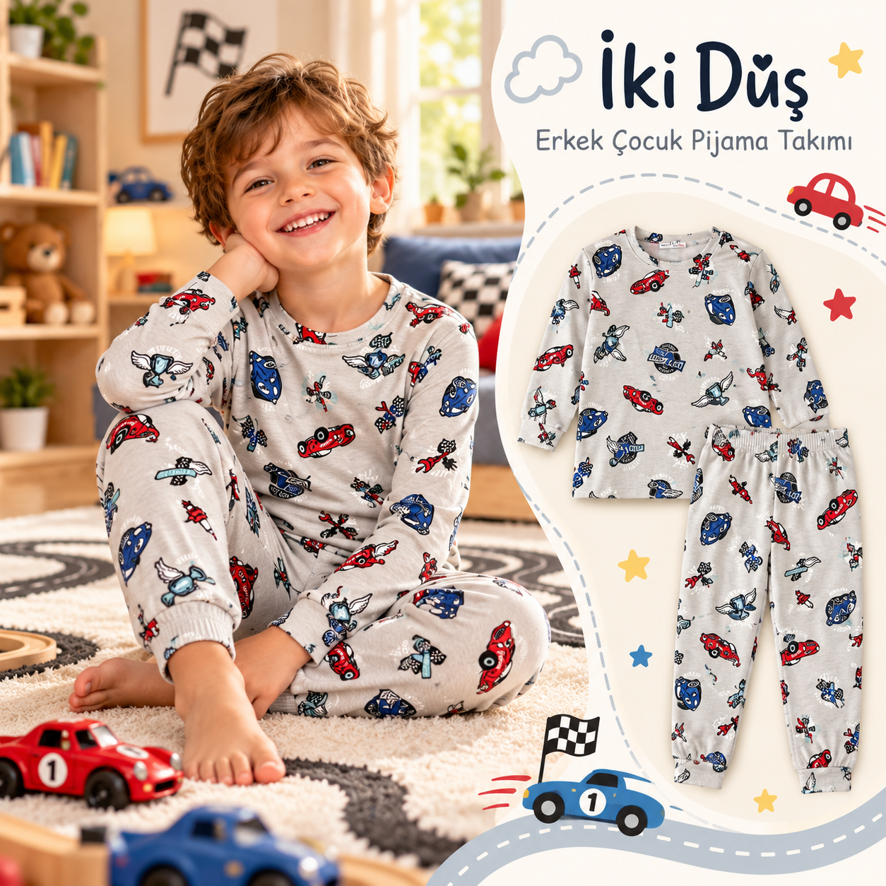 Yarış desenli erkek çocuk pijama