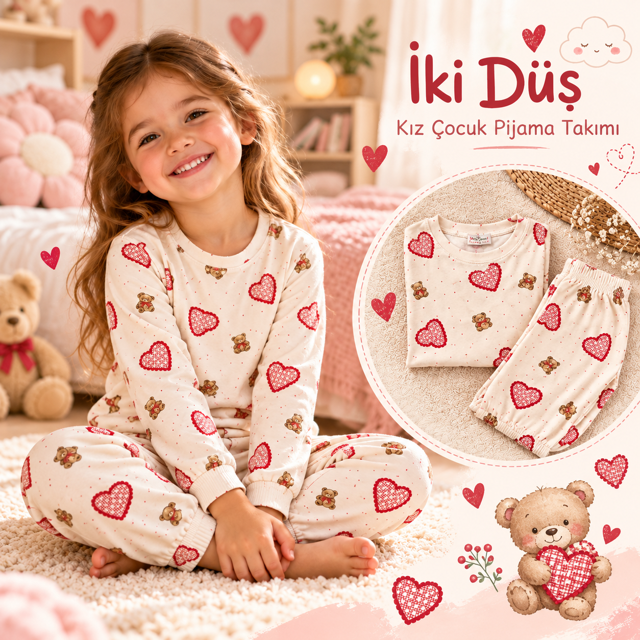 Kalp desenli kız çocuk pijama